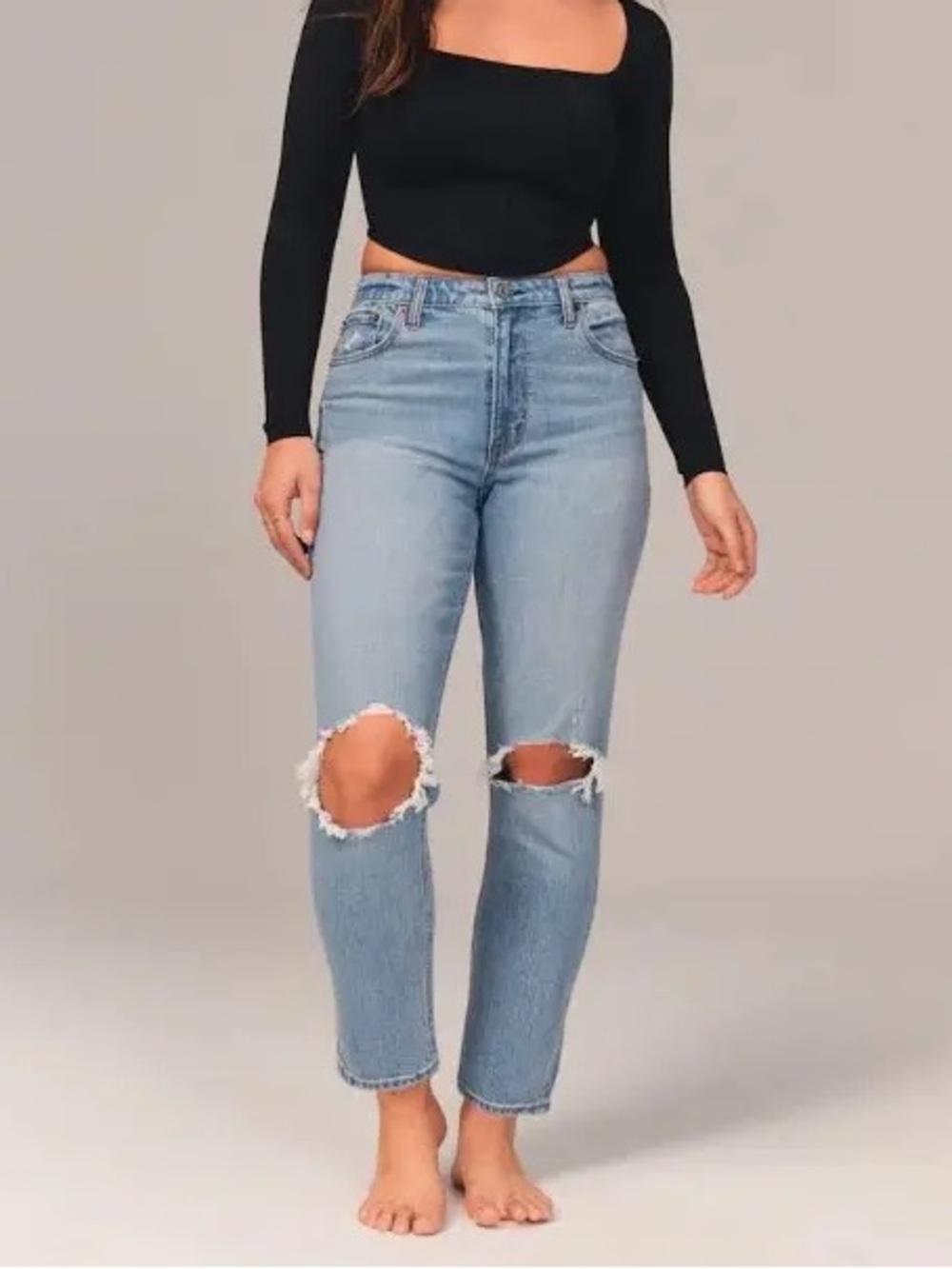 Abercrombie Curve Love High Rise Mom Jeans Distressed Light Wash 32/14